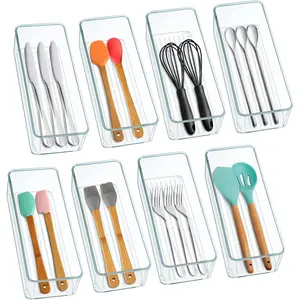 8 Pack Clear Plastic Drawer Organizer Bins Set, Stackable Cutlery Storage Bins Trays for Organizing Kitchen, Bathroom, Office, Crafts, Gadgets, Cabinet Supplies