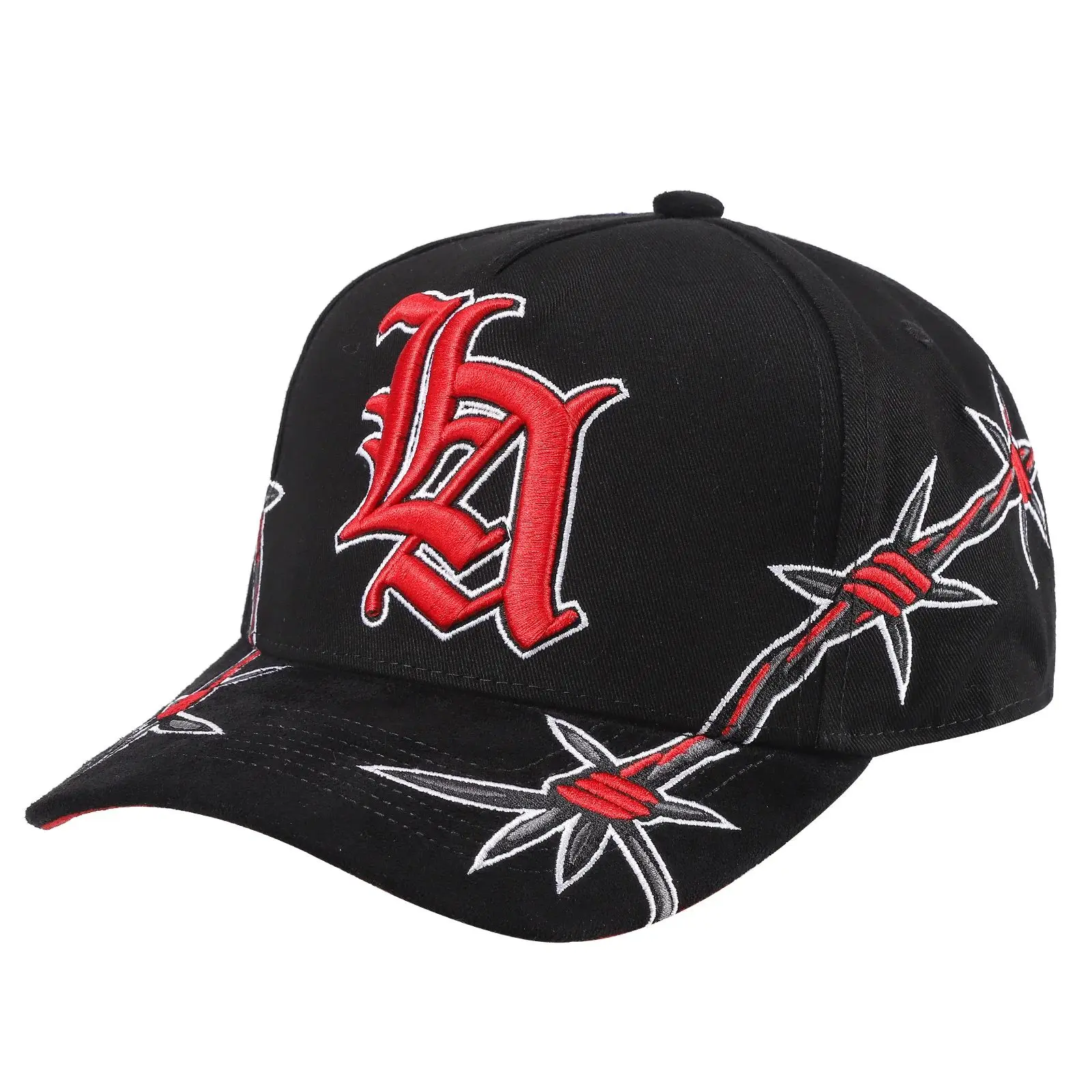 Unisex Red Barbed Wire Cotton Baseball Cap - Adjustable Snapback, 3D Bold Embroidery, Red-Black Contrast, Oversized Gothic LA Lettering, 3D LA Logo, Graphic Street Gothic Look for Edgy Fashion Enthusiasts, Cotton Blend, Everyday, Cotton Blend Fabric, Stur