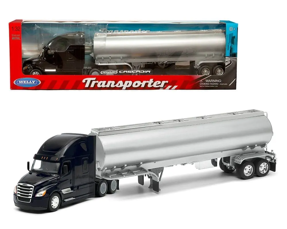 Welly 1:32 Freightliner Cascadia Tanker – Black with Plain Silver Tanker – Transporter