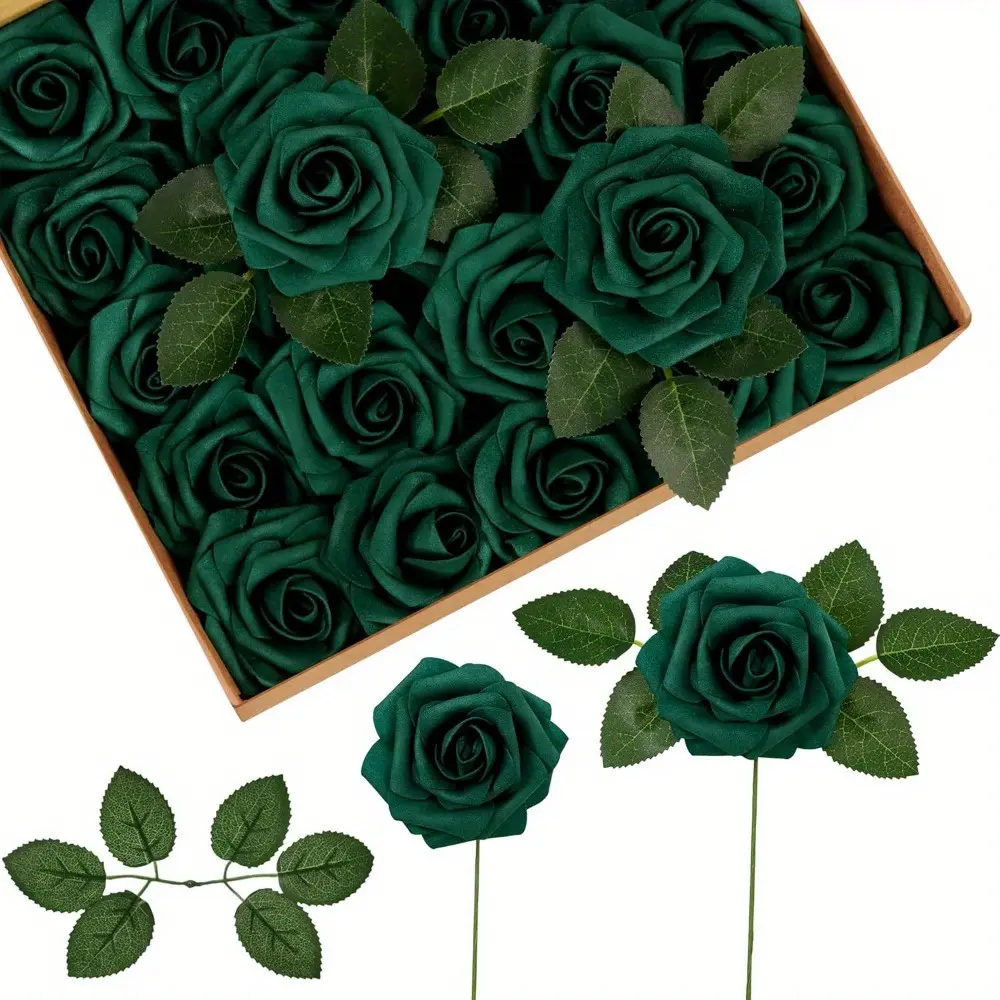 50+8 Pieces Decorative Artificial Foam Roses Set - 50pcs Roses + 8pcs Leaves with Stems, Realistic Bulk Plastic Flowers for DIY Projects, Wedding Bouquets, Christmas Tree Decor