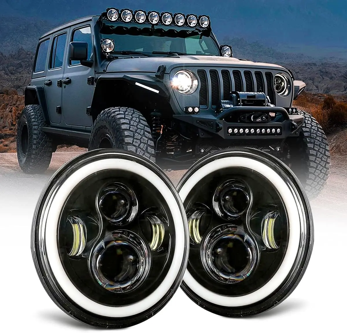 Jeep wrangler headlight, Dot Approved Hi/Lo Beam with White DRL/Amber Turn Signal Angel Eyes Compatible with 2007-2017 Jeep Wrangler 7 Inch Halo headlights JK JKU LJ TJ CJ -1 Pair (Black)