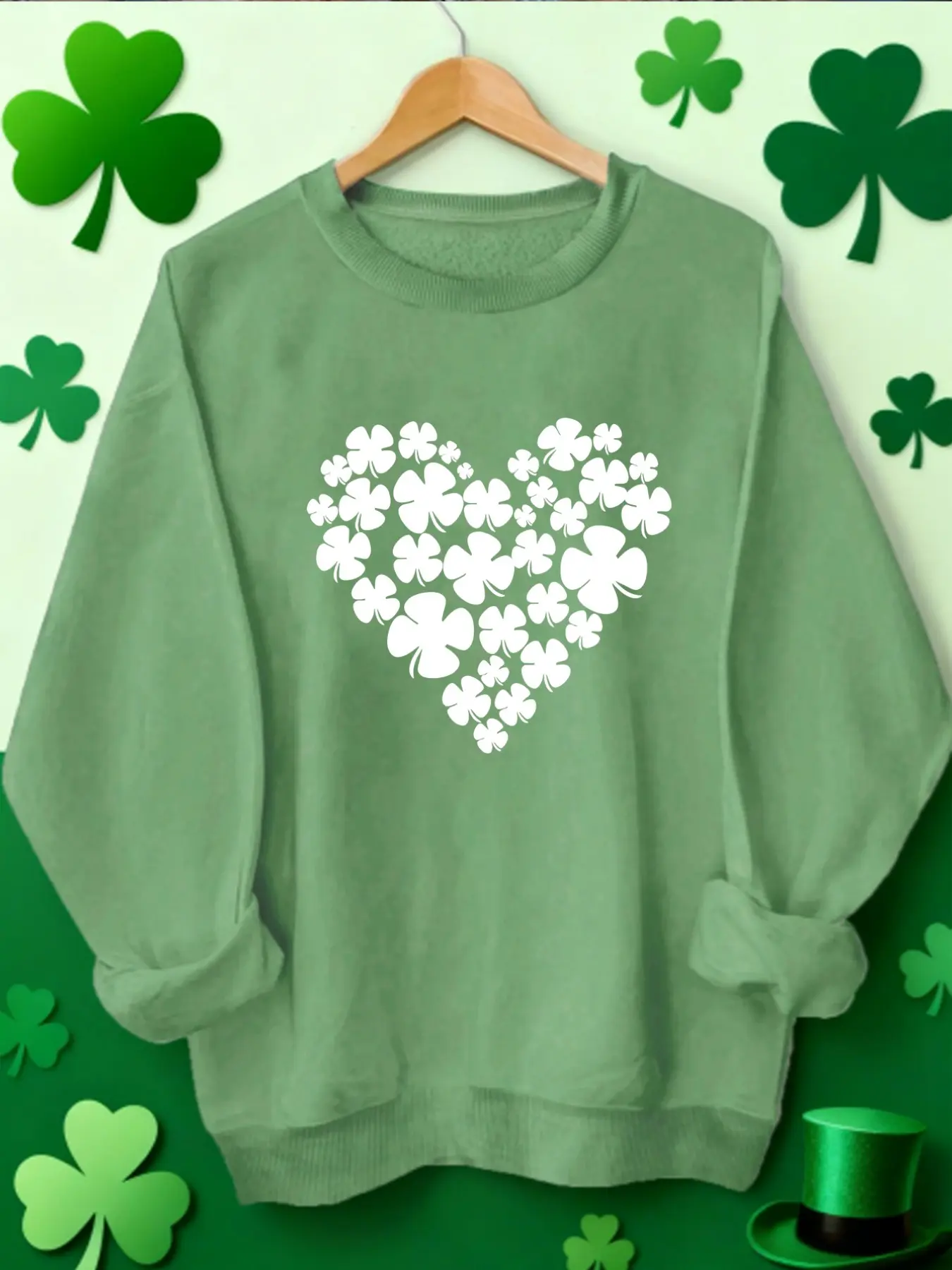 Women's Saint Patrick's Day Heart Clover Graphic Fitted Round Neck Long Sleeve Pullover Sweatshirt, Sweet Holiday Casual Top for Fall & Winter, Womenswear