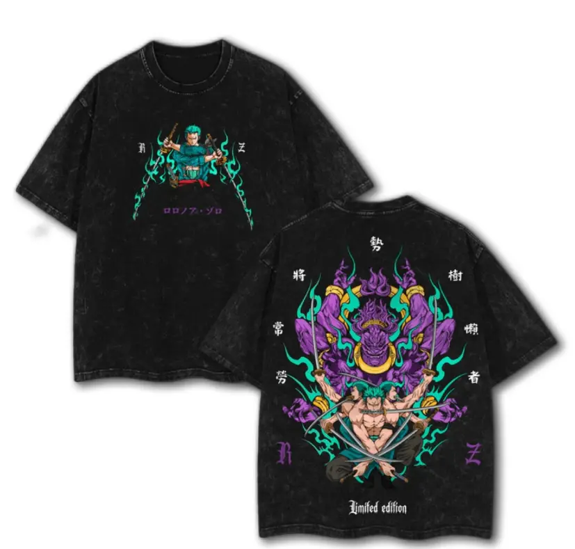 Menswear Round Neck Short-Sleeve Oversized Retro Washed T-Shirt - Double-Sided Roronoa Zoro Santoryu & Ashura Demon Graphic, Unisex Casual Streetwear Top for Daily & Outdoor Wear, Shortsleeve, Tshirt