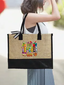 Teacher Letter Pattern Reusable Tote Bag And Cosmetic Bag Set, Teacher Tote Bags, With Shoulder Strap, Personalized Gift Bag With Side Pocket, Beach Bag With Scarf, Holiday Gift Bag For Teacher Birthday, Suitable For Vacation, Holiday