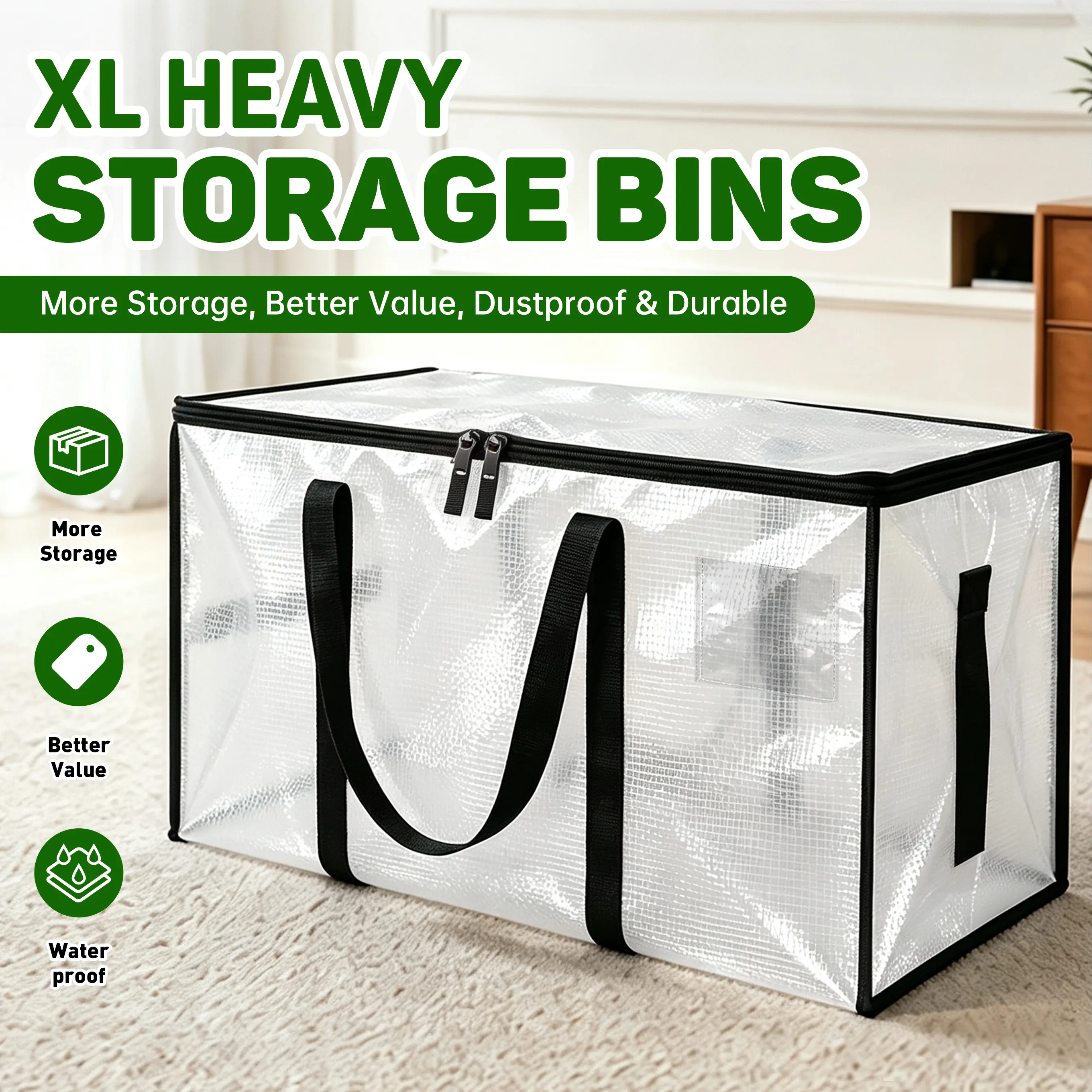 Extra Large Heavy-Duty Nylon Storage Bag with Reinforced Handles, Water-Resistant Foldable Organizer Tote for Clothes Blankets Comforters, Ideal for Closet & Home Organization