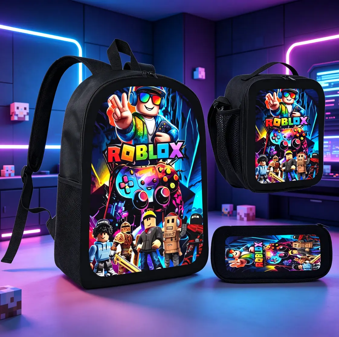 Kids' 3-Piece Roblox Polyester Backpack Set - Neon Print, Lightweight, Multi-Compartment Backpacks for School, Includes Lunch Bag & Pencil Case, Three Pieces