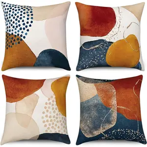 Boho Cushion Cover, 45 x 45 cm, Set of 4, Mid Century Abstract Aesthetic Navy Blue Burnt Orange Cushion Covers Geometric Minimalist Modern Art Linen Cushion Cover for Sofa Couch Home Decor