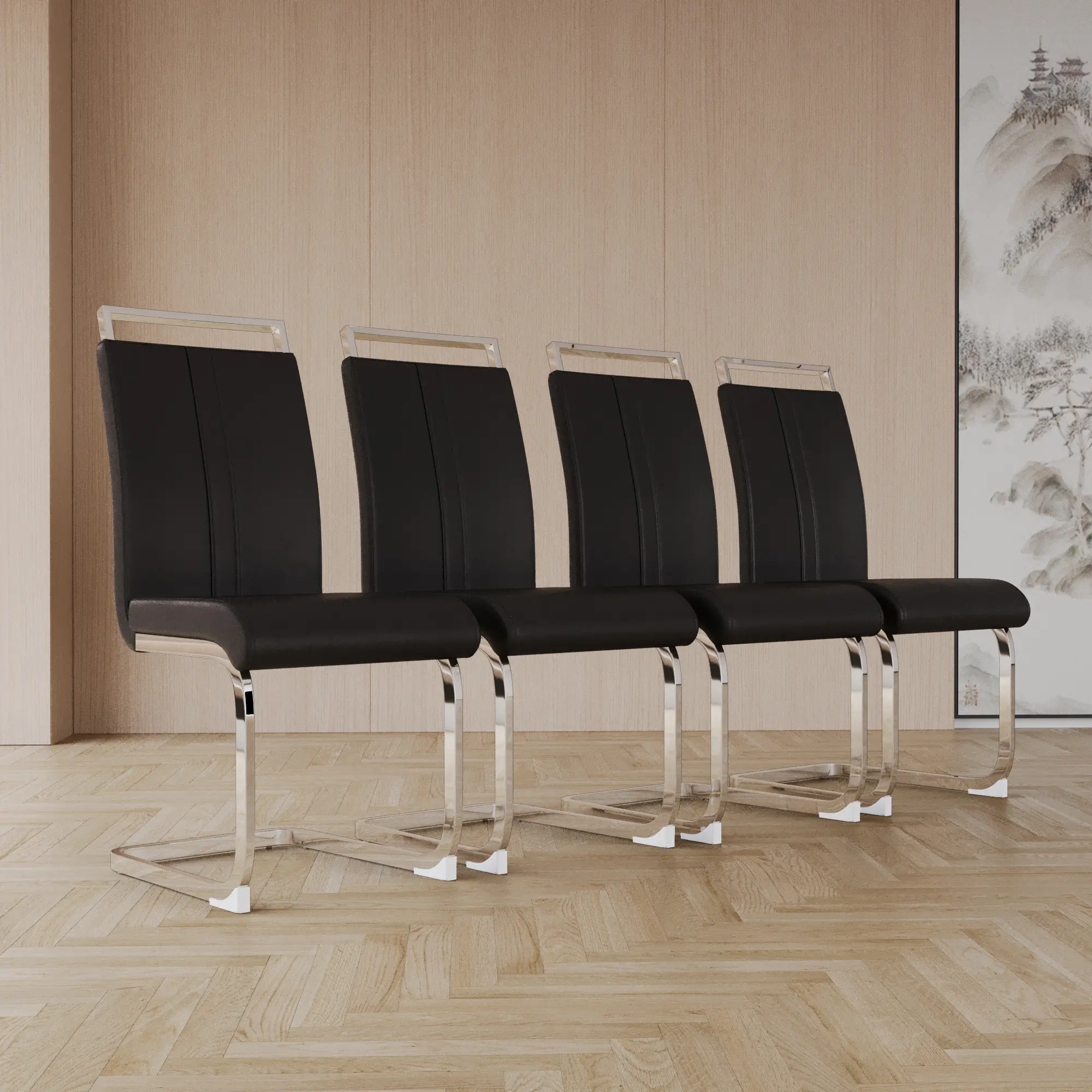 Modern Dining Chair, High Back PU Faux Leather Upholstered Side Chair, C-Shaped Tube Plating Metal Legs, Accent Chair for Dining Room Kitchen Vanity Office Guest Room (Set of 4)