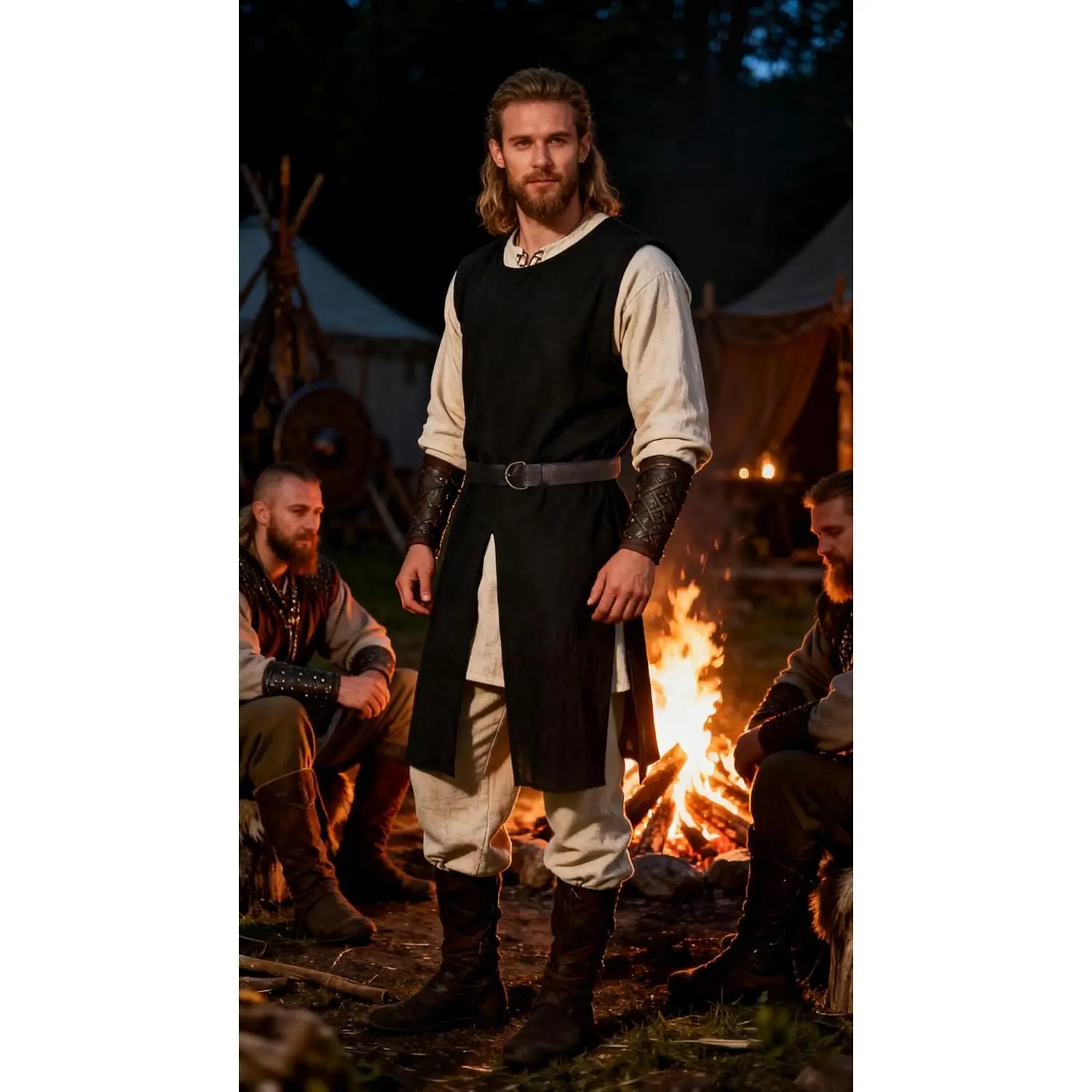 Medieval Sleeveless Tunic Vest, Renaissance Viking Knight Costume Robe, Green and Brown with Black Belt