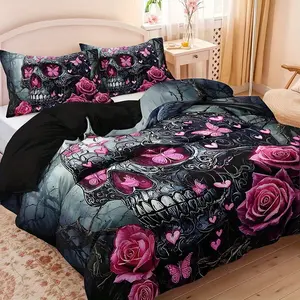 3pcs Gothic Skull Rose Butterfly Print Bedding Set, Gothic Theme, 1 Duvet Cover + 2 Pillowcases, High-Definition Print, All Seasons, Home Dorm Use