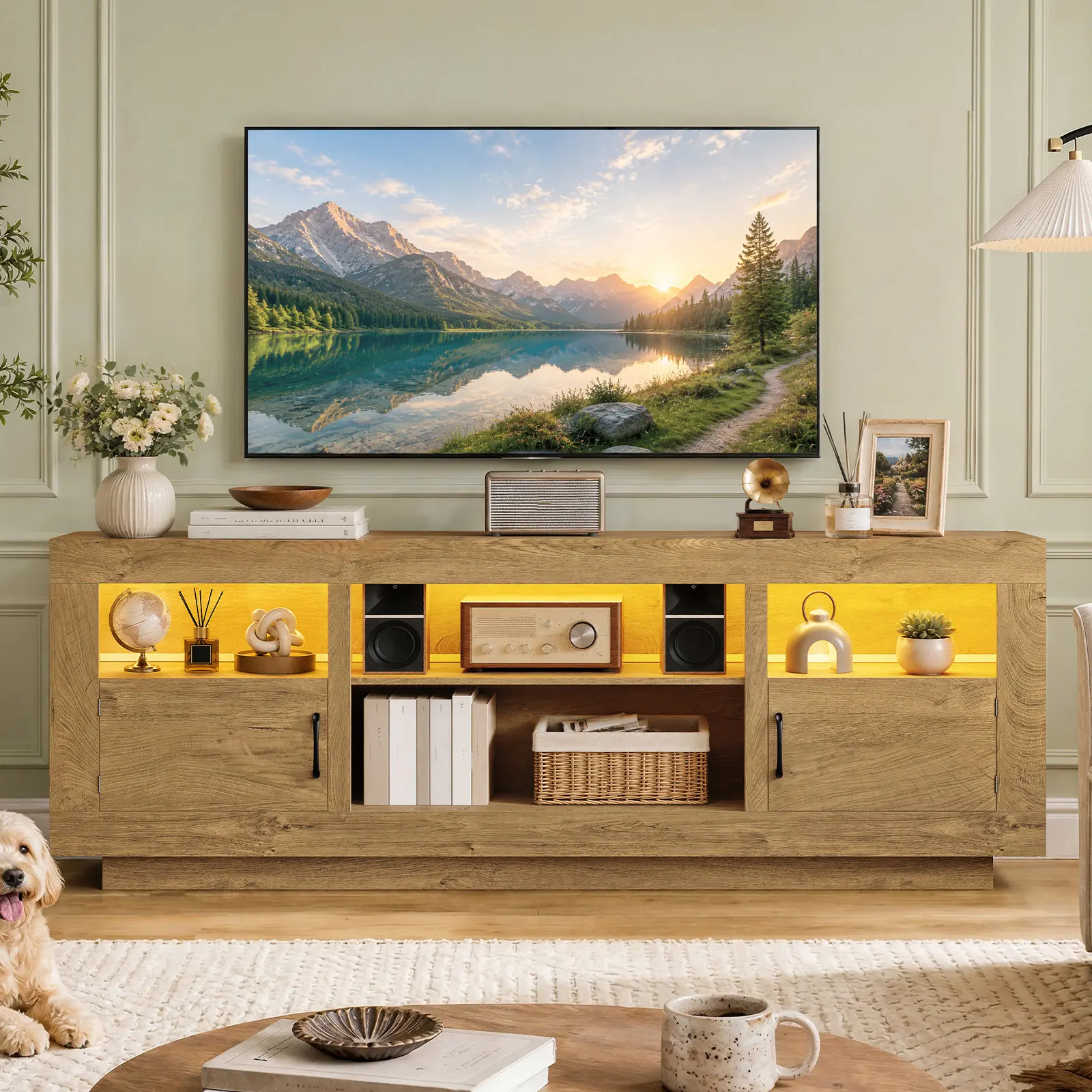 Fits TVs up to 80", Floating TV Stand with LED Light, Adjustable Shelf, Four Cable Holes and Sleek Metal Handle, Storage Cabinet with Four Open Compartments and Two Storage Cabinets, Media TV Console TV Table for Living Room Bedroom. campingessentials