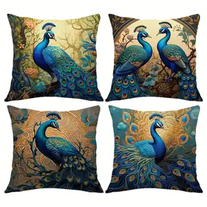 Oil Painting Vibrant Peacock Pattern Decorative Pillow Covers, Bedroom Decorative Accessories, Set of 4 with Invisible Zipper, Easy to Clean, Suitable for Bedroom Living Room Sofa Car Home Decoration