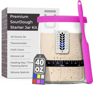Sourdough Starter Jar - 40oz Large Sourdough Jar with Marked Feeding Band, , Scraper, Cloth Cover and  Lid/Base, Wide Mouth Starter Kit - Pink