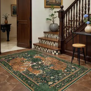 【SummerVibes】GENIMO Tiger Area Rug ，Mother's Gift, Boho Vintage Hallway Runner Non-Slip, Soft Low Pile Green Kitchen Rug, Botanical Animal Carpet for Entryway Bedroom Laundry