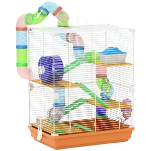 PawHut 18" 5 Tier Hamster Cage with Tubes and Tunnels, Small Animal Cage with Portable Carry Handle, Gerbil Cage with Water Bottle, Food Dish, Exercise Wheel, Light Blue