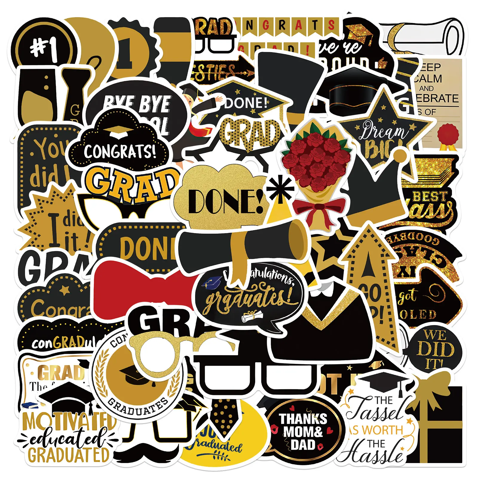 50 Pack of Graduation Congratulations Themed Stickers.  Great for Preschool, Kindergarten, High School and College Graduation.  No Duplicates. Waterproof