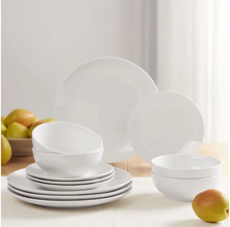 12-Piece White Stoneware Dinnerware Set, Elegant Glazed Tableware Set with Plates & Bowls, Complete Dish Set for Everyday Dining & Home