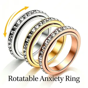 Rotatable Spinner Fidget Rings with Cubic Zirconia, Unisex Stress Relief Fidget Toy, Comfort-Fit Anxiety Relief Jewelry (Sizes 6-9), Love Gift Accessory, Non Tarnish Jewelry, Titanium Steel