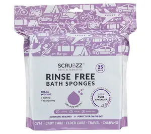 Scrubzz Lavender Rinse Free 50pc Bath Single Use Sponges for Travel & Camping Infused with No Rinse Soap & Shampoo 8"x8"