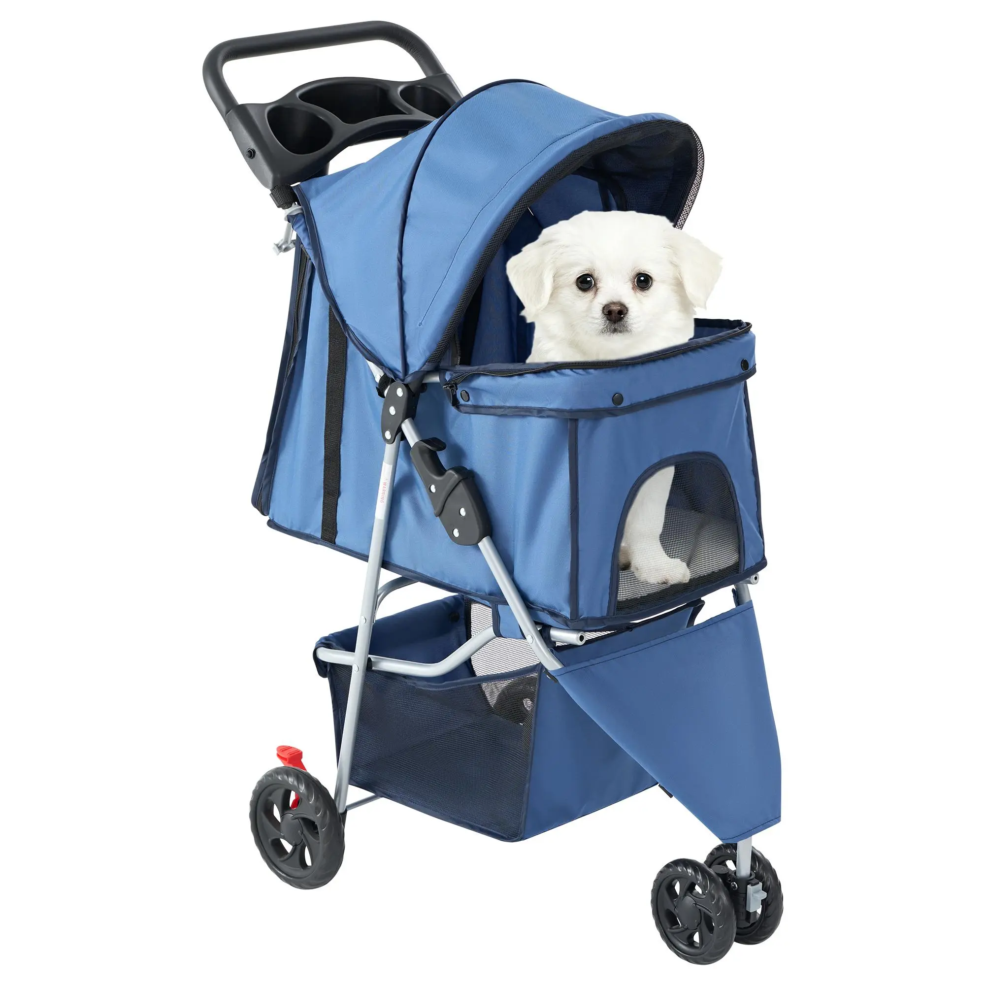 Sweetcrispy 3-Wheel Pet Stroller for Dogs & Cats, Breathable Mesh Fabric, 11 lbs Lightweight Metal Travel Carrier, Waterproof Foldable Design, Cup Holder, Storage Basket, Black for Daily Walks & Outdoor Use, Lightweight & Easy To Maneuver, Peek-Top Window