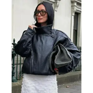Black PU Leather Jacket Women's jacket autumn 2025 Oversize Asymmetrical Zipper outerwears new in coats & jackets long sleeve Biker Jacket Street Style Jacket