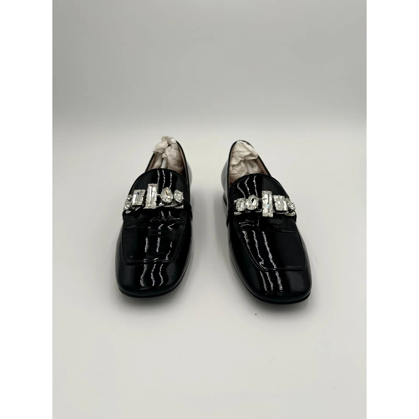 Miu Miu Black Patent Leather Crystal-Embellished Loafers #18 Size 37, Women, Shoe, Vintage, Solid, Slip-On