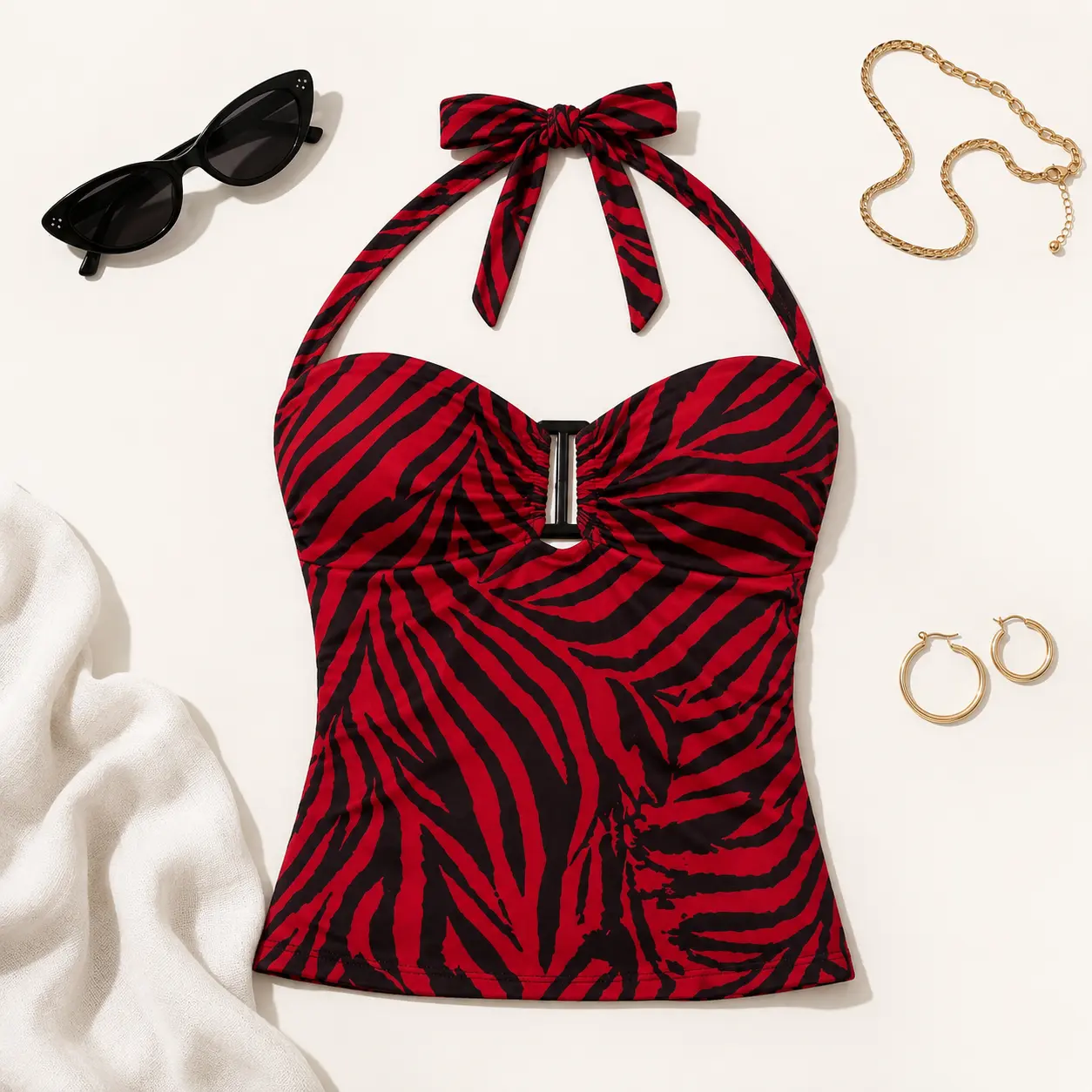 Women's Short Slim Fit Red Zebra Animal Graphic Halter Cami, Plunge Neck Ring Detail Sleeveless Summer Blouse, Machine Washable, Waist-Length, Poly-Spandex, Tops, Backless Tank Tops, Casual Sleeveless Backless, Camisole Shirts