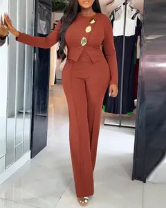 ChicMe Women's Golden Button Decor Long Sleeve Seam Front Overalls Casual Zipper Back Faux Two-Piece Commuting Jumpsuit