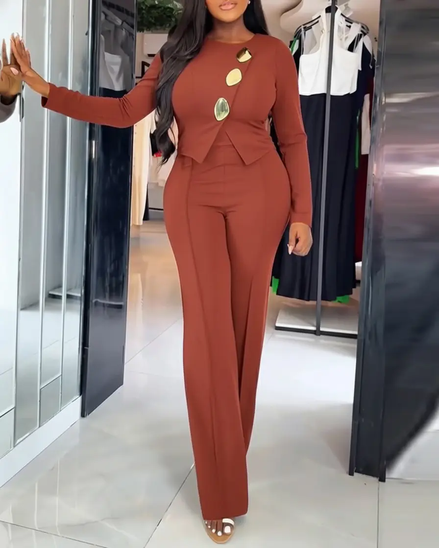 CHICME Women's Golden Button Decor Long Sleeve Seam Front Overalls Casual Zipper Back Faux Two-Piece Commuting Jumpsuit
