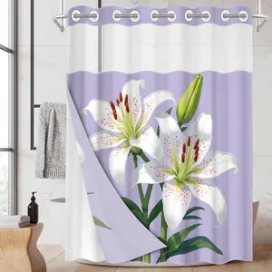 1PC/4PCS 2D Flat Printing White Lilies on Purple Patterned shower curtain, Bathroom Decoration Accessories, set with 12 hooks, non-slip bathroom rug, U-shaped toilet seat cover, toilet seat mat