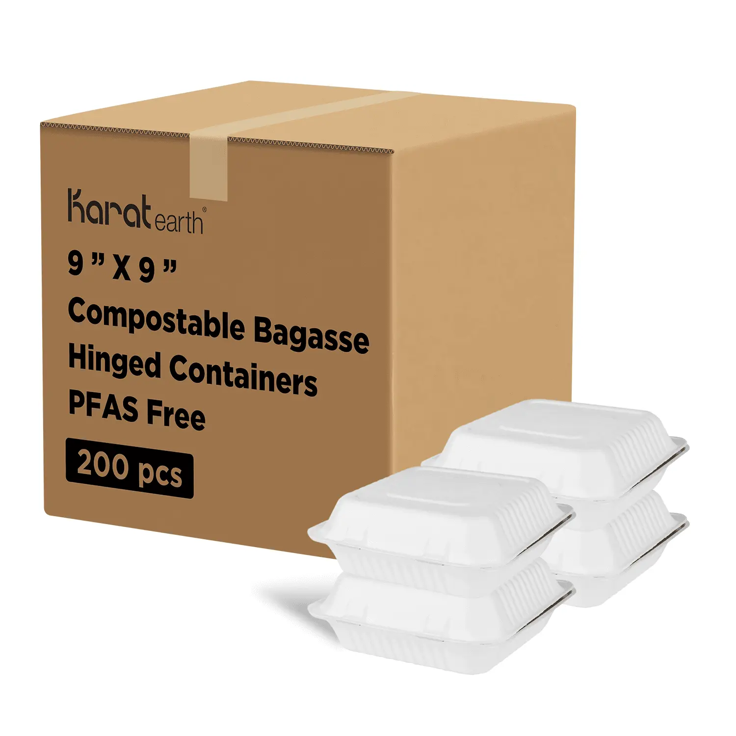 Karat Earth 9'' x 9'' PFAS Free Compostable Bagasse Hinged Containers, White - 200 pcs