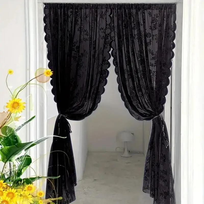 2-Panel Vintage Breathable Lace Curtains, Floral Stitched Sheer Fabric Drapes, Semi-Transparent Lightweight Privacy Filter for Balcony-Cafe Decor