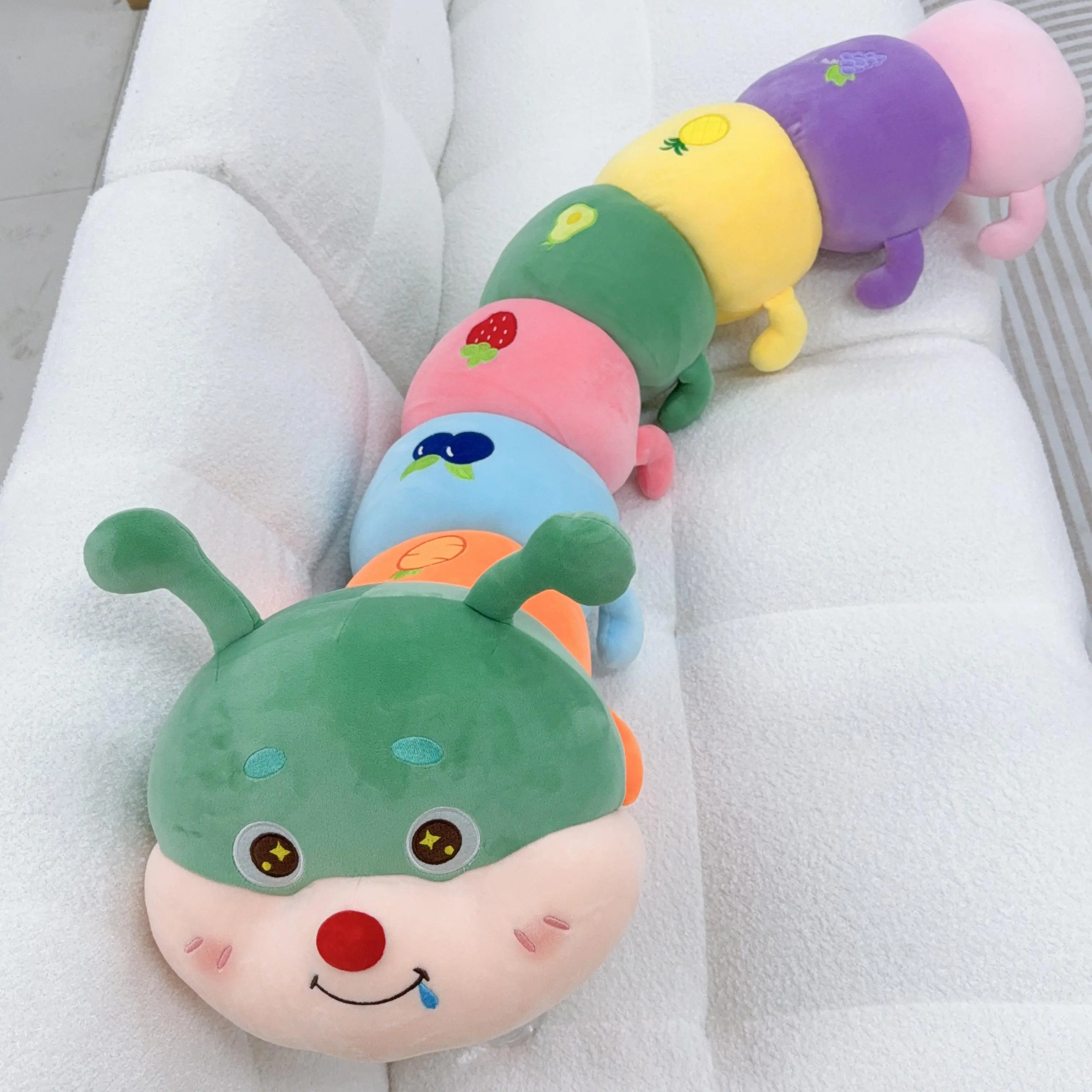 Rainbow Fruit Embroidered caterpillar long plush pillow; detachable and washable leg-holding pillow; girls’ sleep pillow; cute drooling plush toy; children’s comfort doll; sofa cushion; birthday gift