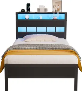Black Oak Twin Size Metal Bed Frame - Built-In Charging Station & LED Lights, Wood Headboard with 2-Tier Storage Shelves, Self-Assembling Platform Bed, No Box Spring Needed, Metal Bed Frames, Built-In Bed Frames