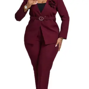 Elegant Burgundy Blazer and Pants Set with Belted Waist for Women's Professional Wear