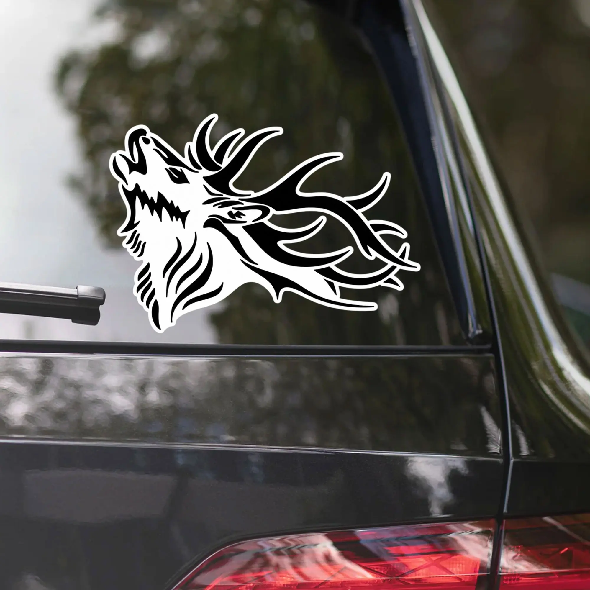 Buck Deer Head Vinyl Sticker, Tribal Stag Antlers Decal, Waterproof Outdoors Hunting Sticker for Car, Laptop, Tumbler