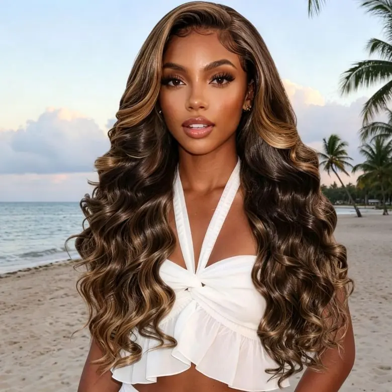 Unice 7x5 No Slip Wig Chocolate Brown Body Wave Wig with Caramel Honey Blonde Highlights Long Layered Glam Human Hair Wig