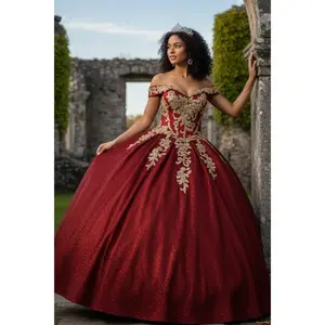 Burgundy And Gold Quinceanera Dress | Ball Gown