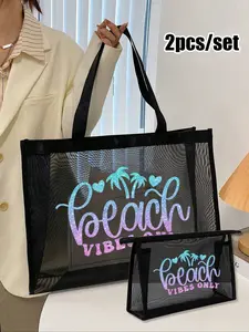 2pcs/set Large Capacity Mesh Bag Set, Gradient Shiny Beach, Coconut Trees Pattern, Foldable Waterproof Sandproof, Women's Shoulder Bag, Storage Tote