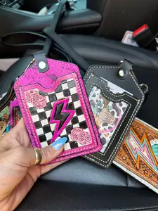 Pink Lighting Bolt Leather Lanyards – ID + Card Holder