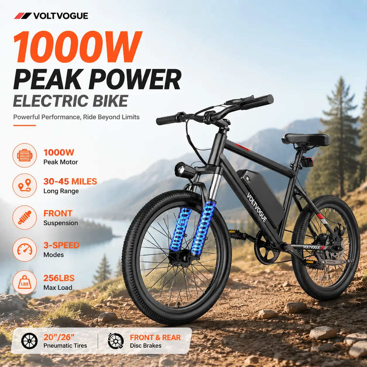 【VOLTVOGUE】1000W Peak Fat Tire Electric Bike for Adults, 20"/26" E-Bike with Front & Rear Suspension, 30-45 Miles Long Range, Thumb Throttle, 3-Speed Modes
