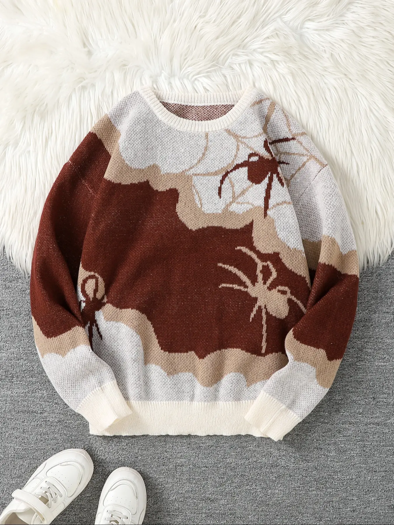 Spider Animal Jacquard Knit Sweater, Graphic Knitwear, Knitwear, Apparel, Tops, Long Sleeve Casual Round Neck Fitted Pullover for Men, Fashion Street Style Design, Perfect for Daily Wear & Gifts