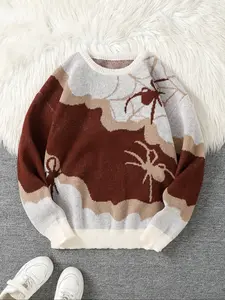 Spider Jacquard Knit Animal Sweater, Casual Round Neck Fitted Pullover for Men, Fashion Street Style Graphic Design, Perfect for Daily Wear & Gifts