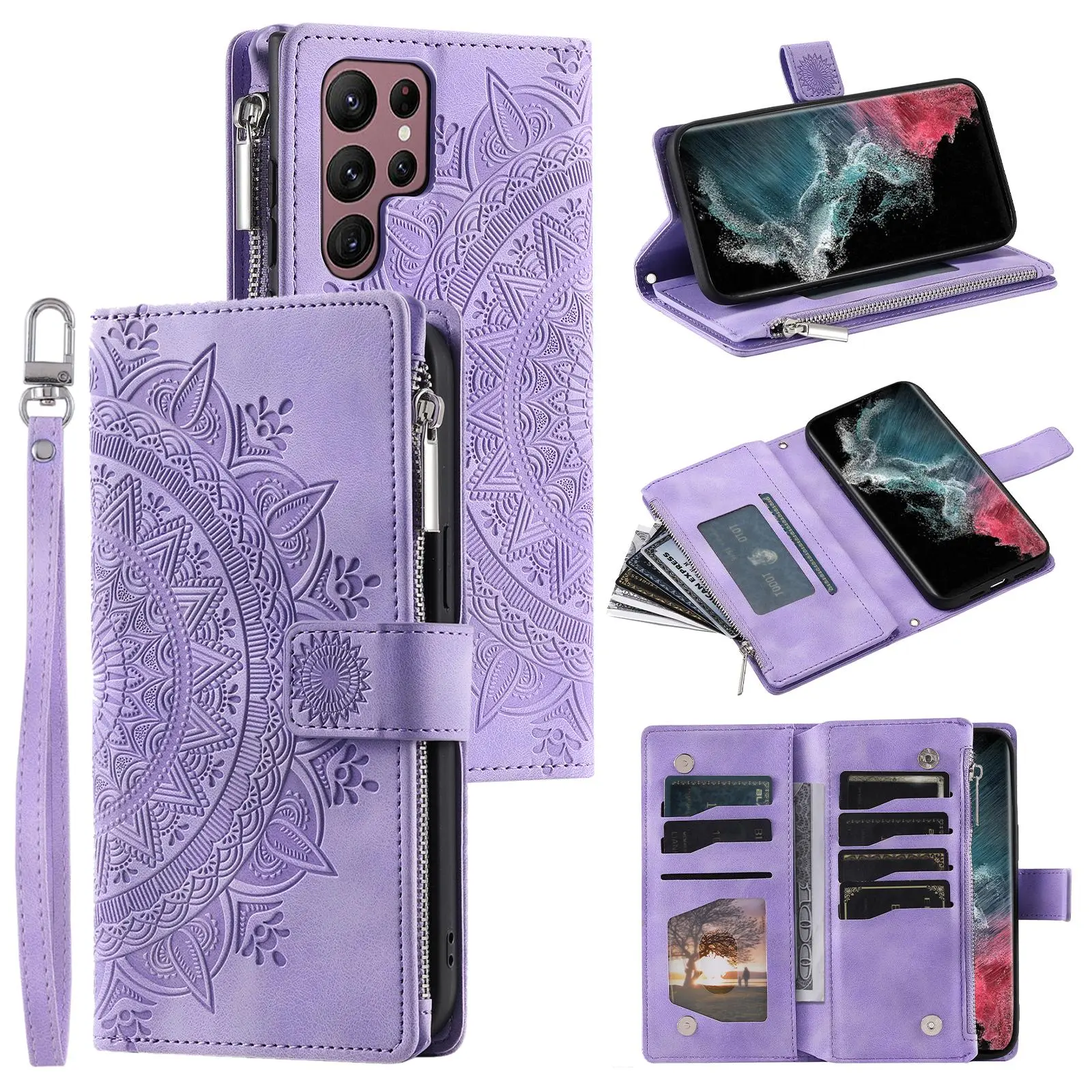 Suitable for Samsung Galaxy S24 S23 S22 Ultra FE Plus ultra-thin phone flip wallet, Phone Cover, embossed pattern imitation leather zipper credit card multi slot with wristband and carrying rope case