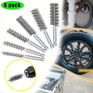6Pcs Stainless Steel Wire Bore Brushes for Power Drill,1/4 Inch Hex Shank,1/2'' 3/4'' 1'' Pipe Cleaning Brush Set,Copper Tube Pipe Cleaner