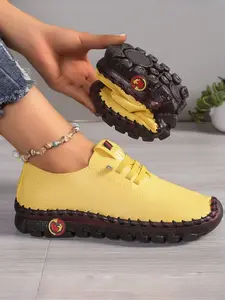 Women's Classic Leather Casual Flats, Trainer – Handmade Stitching, Soft Comfortable Lace-Up Walking Shoes, Non-Slip Durable Rubber Sole, Lightweight Solid Color Slip-On Style, Perfect for Daily Casual Wear, Sports & Outdoor Activities, Footwear