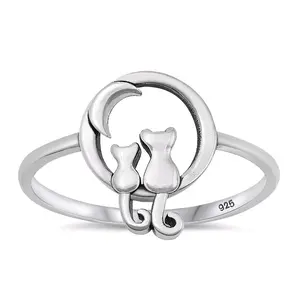 Cats and Moon Ring Sterling Silver