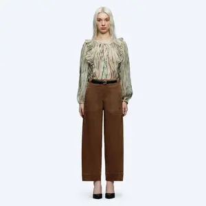 Vintage Caramel Brown High Waisted Wide Leg Pants, Cute Patch Pockets Casual Streetwear