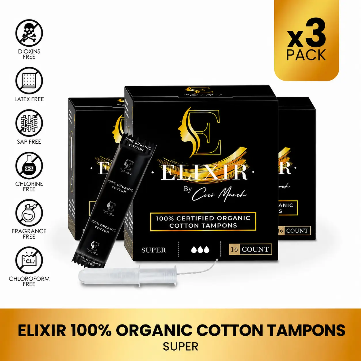 3 Pack Elixir by Cocó March Organic Cotton Tampons, Super Feminine Care Tampons for Women (16ct) Comfort Hypoallergenic