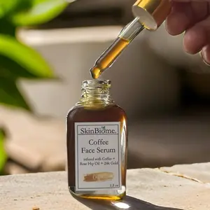 SkinBiome. Coffee Infused Face Serum Oil with 24k Gold Flake and Rosehip Oil-1.5 oz glass bottle